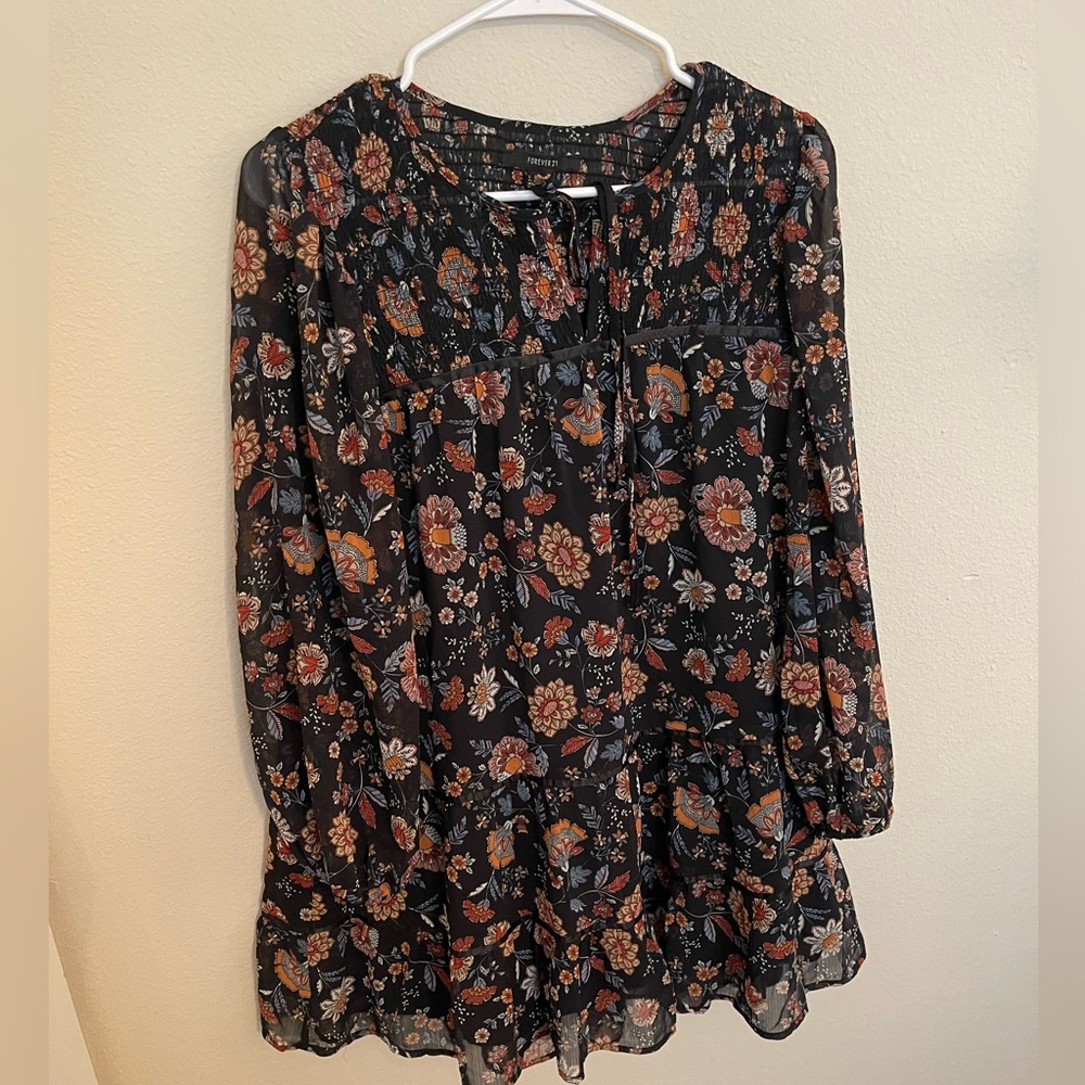 Forever 21, Floral Print Tassel Mini, Indigo Blue and Orange Autumn, Size S